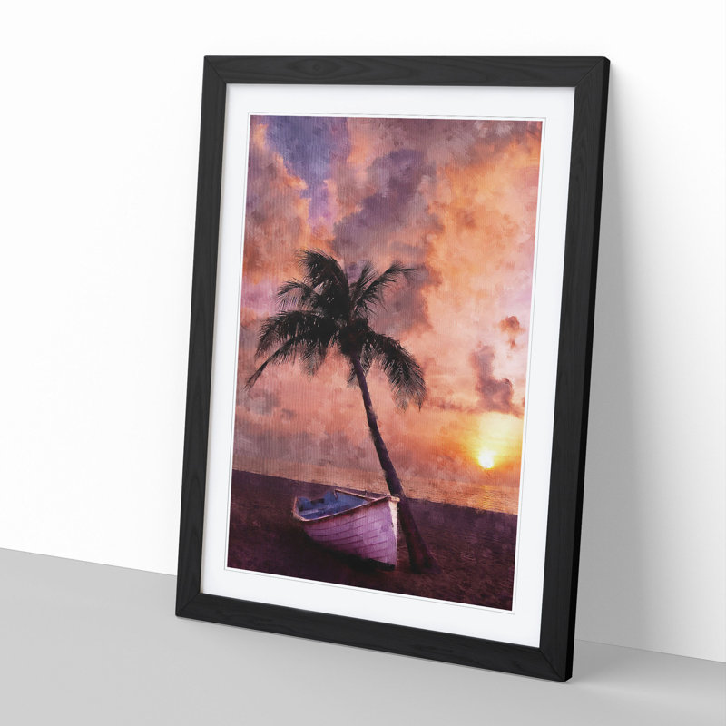 Palm Tree and Boat - Framed Print, 65cm H x 48cm W x 2cm D, Black Framed