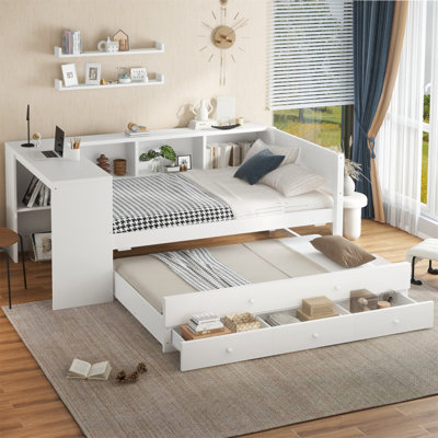 Lit de jour simple avec lit gigogne, structure de lit de jour en bois avec tiroirs de rangement et tablettes latérales, lit de jour avec bureau, aucune boîte à ressorts nécessaire, blanc