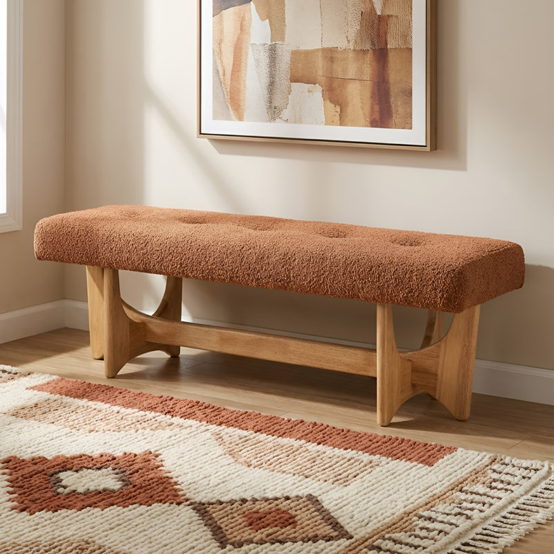 Upholstered Button Tufted Bench with Solid Wood Legs, Natural/Brown