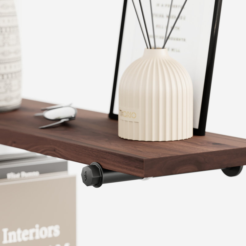Tablettes flottantes en bois massif avec supports pour tuyaux, Châtaigne, H 1 po x l 36 po x P 8 po