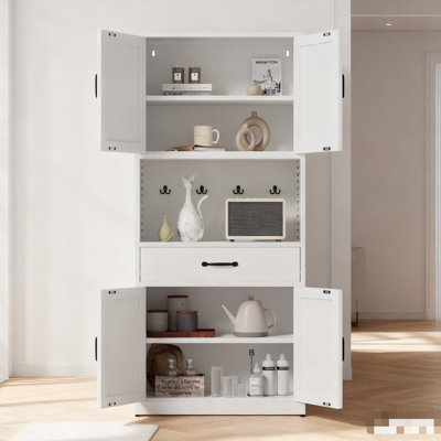 Armoire de rangement de 71 po de hauteur en acier blanc avec grand comptoir, tablettes réglables, tiroirs et crochets, armoire de style moderne robuste