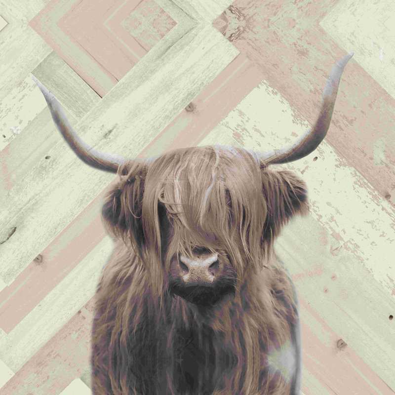 " Highland Cow Wood Slats " Painting Print, 30" H x 30" W