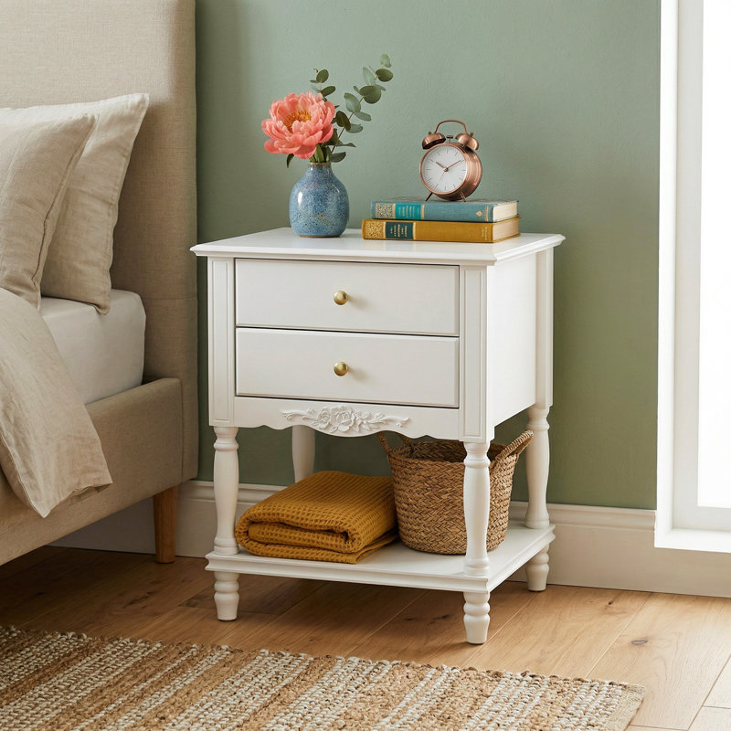 Elegent Nightstand With 2-Drawer & 1-Shelf, White