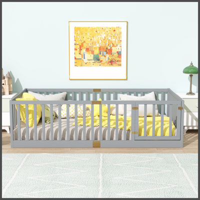 Twin Size Floor Bed with High Fence Railings, with Door, Rubber Wood Floor Bed with Safety Guardrails,Grey P287651)