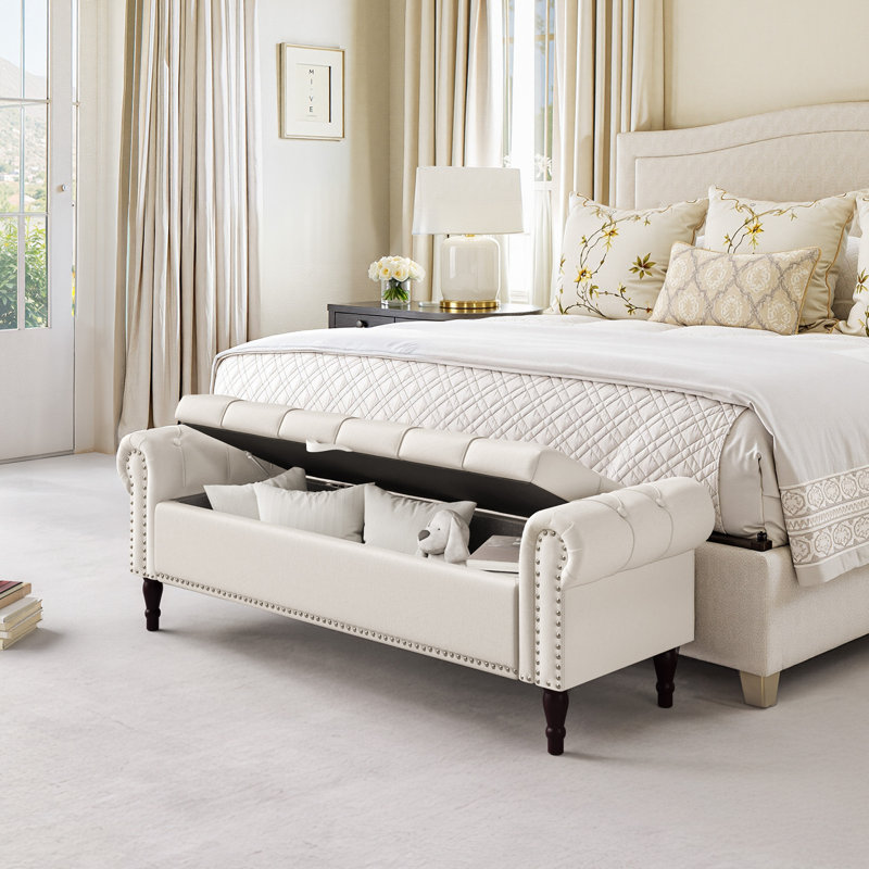 Banc de rangement rembourré Dawsey, H 20,7 po x l 62,4 po x P 20,1 po, Beige