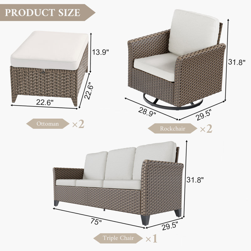Ensemble de 5 canapés d'extérieur en osier, dossier haut toutes saisons avec coussins confortables, 2 chaises berçantes pivotantes, 2 repose-pieds et canapé pour porche, terrasse et jardin