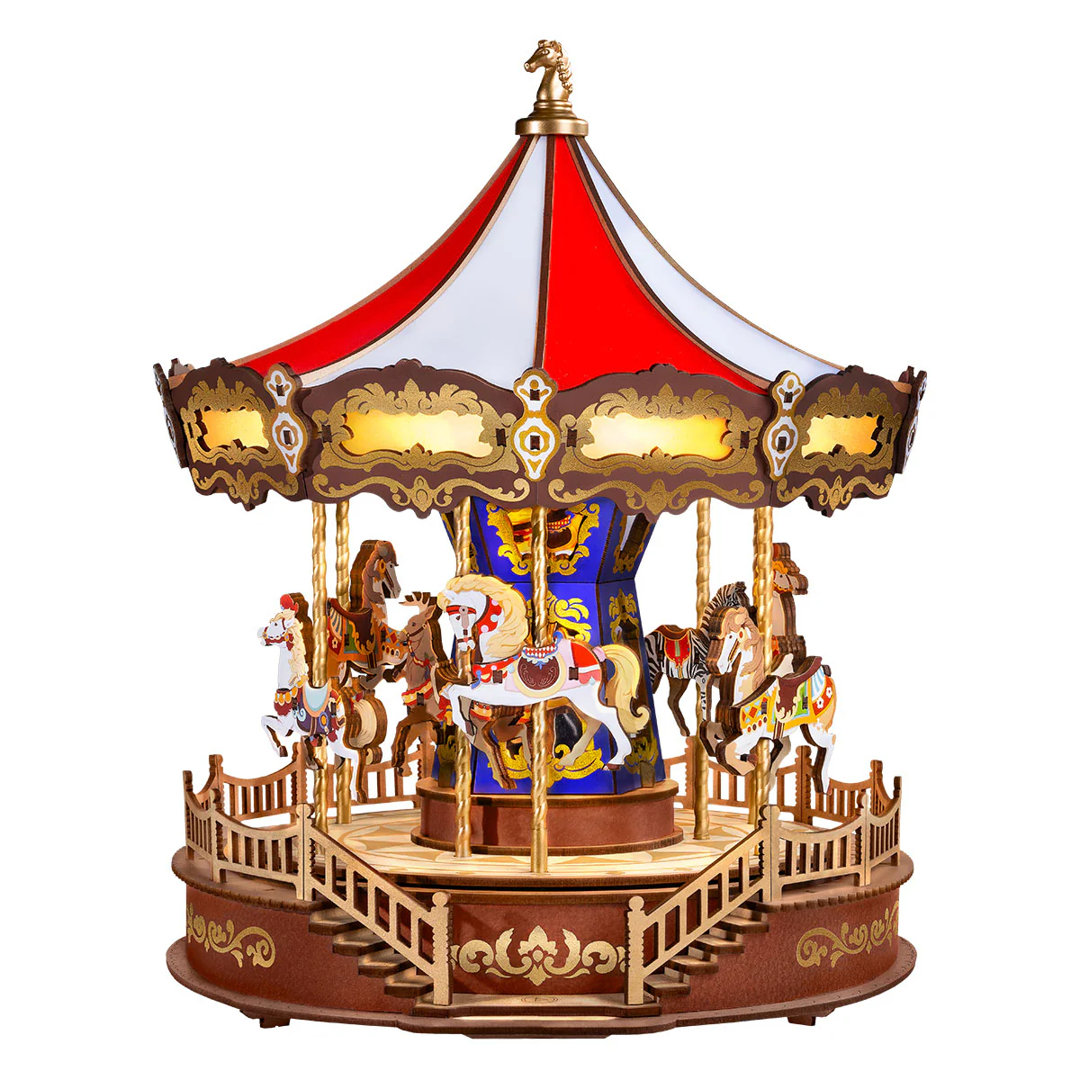 Rolife Classic Carousel Music Boxes Easy Assemble 3D Wooden Puzzle Moveable Design With Light Xmas Gifts For Family