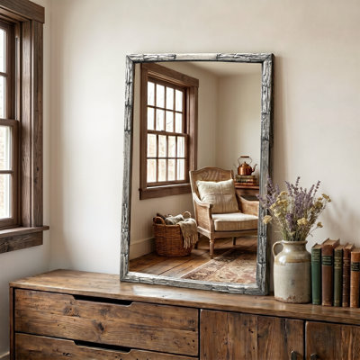 Miroir mural de salle de bain 36 po x 24 po, miroir mural encadré en métal texturé écorce argent antique