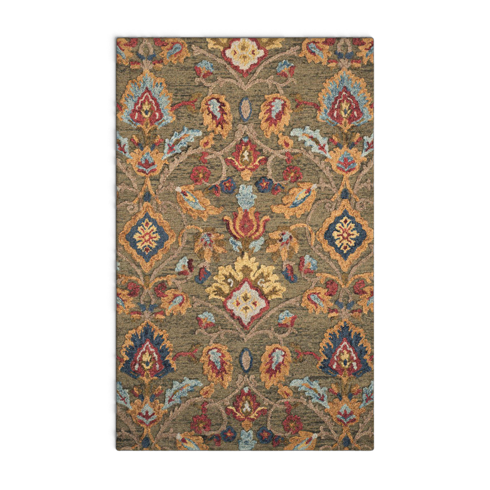 Tansy Handmade Wool Green / Multi Rug, Rectangle 5' x 8'