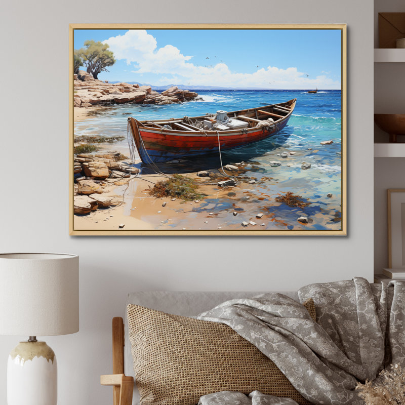 Bateau ancré II - impression, 34" H x 44" W, Cadre flottant brun