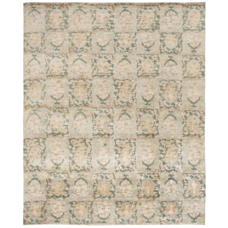 Tapis vert / beige en laine et soie noué à la main Martha Stewart, Rectangle 10 pi x 14 pi