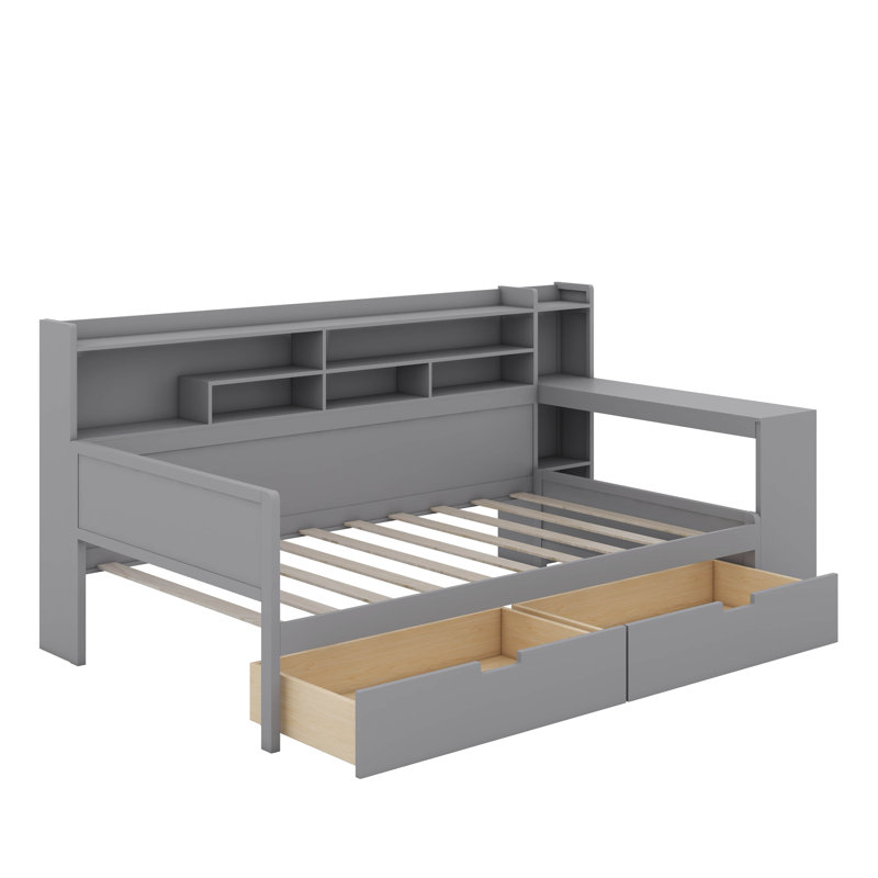 Structure de lit d'angle pour lit double avec rangement pour bibliothèque et bureau, lits de jour en bois avec 2 tiroirs, structure de lit capitaine avec bibliothèque et tête de lit