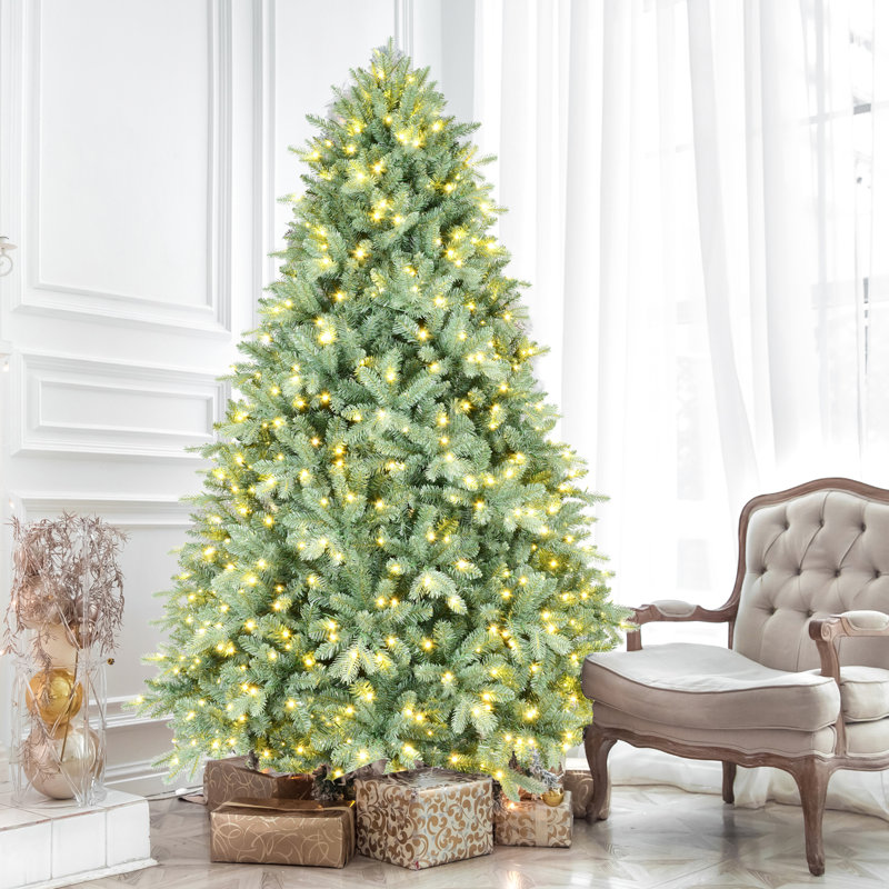 Arbre de Noël bleu de 5 pi avec 300 lumières blanches chaudes, 1194 pointes, branches à charnières pour une installation sans effort, support en métal, abat-jour bleu élégant avec affichage des Fêtes, assemblage PE + facile à installer, unique