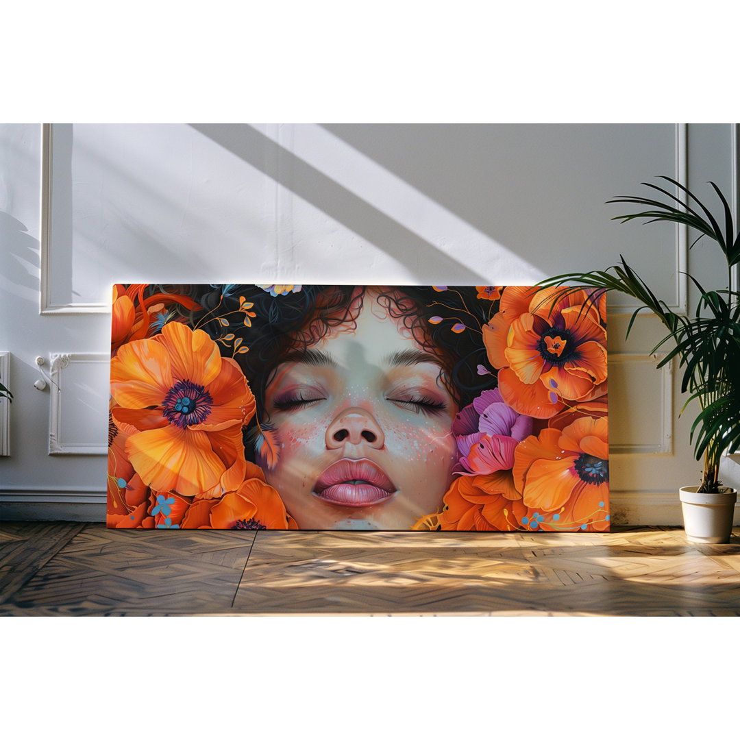 Wandbild 120x60cm Porträt einer jungen Frau Blumen Orange Blüten Sommer