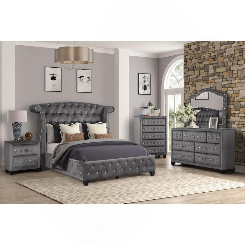 Commode capitonnée en cristal de style moderne avec 5 tiroirs et tissu en velours