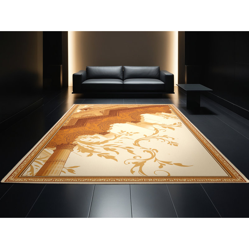 Tapis oriental doux et moelleux de style oriental Eilerman - reliure beige, Carré 4 pi