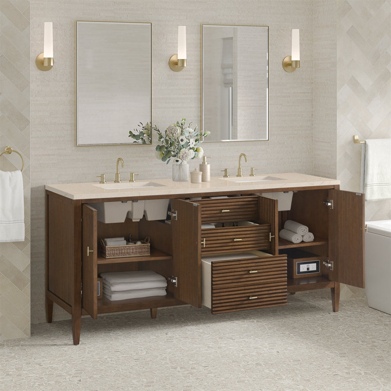 Myrrin 72'' W Double Vanity, Mid-Century Walnut, White Zeus, 8" Widespread