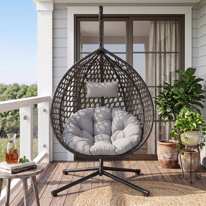 Fauteuil hamac suspendu en rotin tissé avec support robuste et coussin amovible doux, noir et gris, Noir, Gris