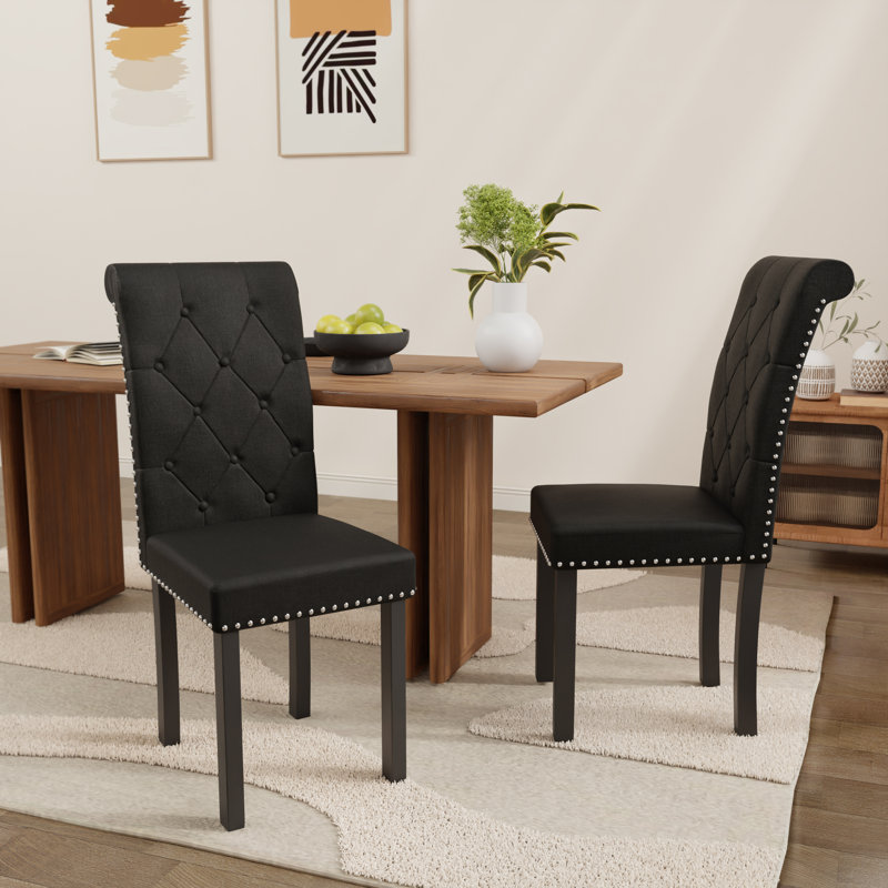 High-Back Tufted Nailhead Upholstered Dining Chairs Side Chairs (Set of 2), Black