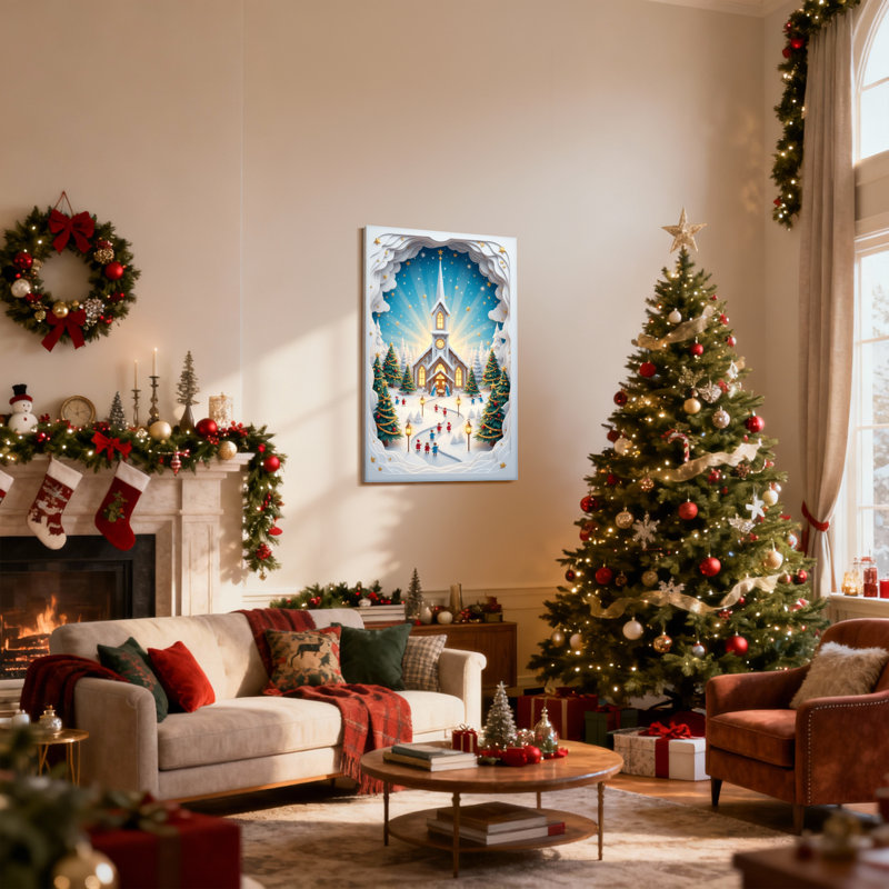 Ensemble de 3 impressions sur toile de Noël, scène d'églises d'hiver avec neige et étoiles, H 36 po x l 24 po
