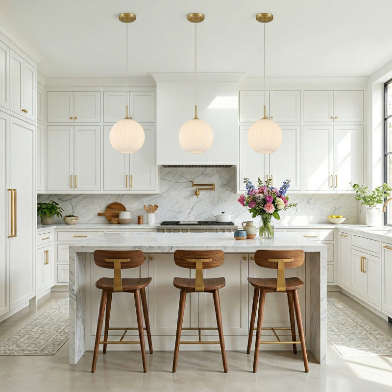 1 - Light Ribbed Frosted Glass Globe Pendant Light, Gold