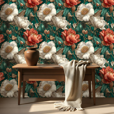 Papier peint auto-adhésif de luxe à motif floral ornemental émeraude auto-adhésif et amovible 17,7 po x 118 po (45 x 300 cm)