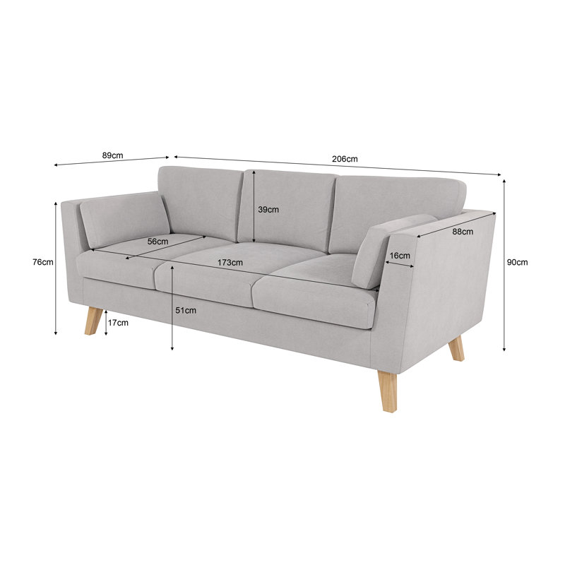 Sofa 3 Seater with Wooden Legs In Scandinavian Style , Silver