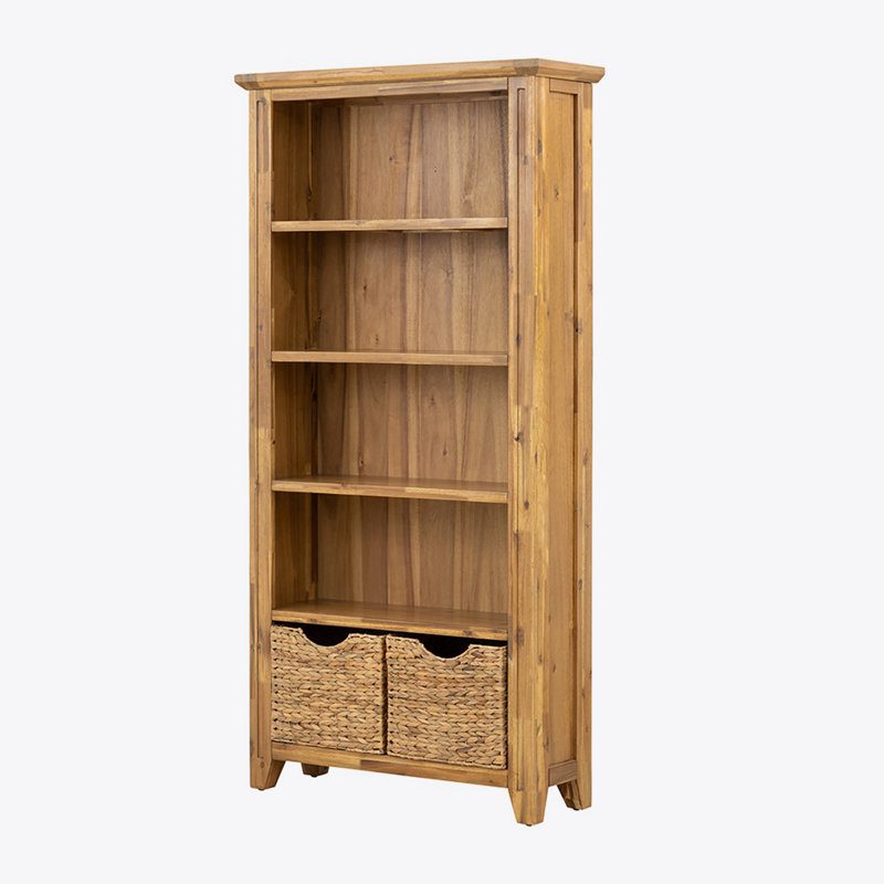 Tall Brown Solid Wood Rustic Bookcase with Storage Baskets
