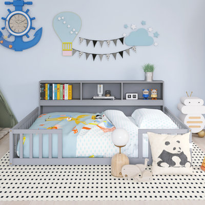 Wood Frame Full Size Floor Bed With Side Bookcase,Shelves,Guardrails