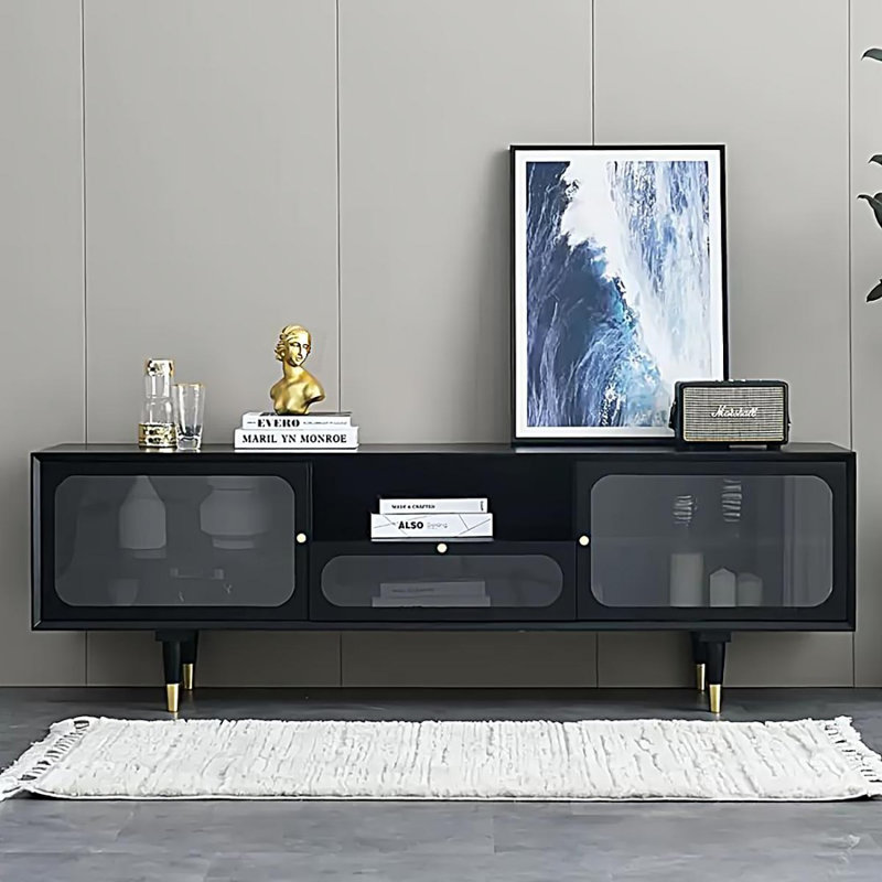 Meuble télé moderne en bois massif noir, Noir
