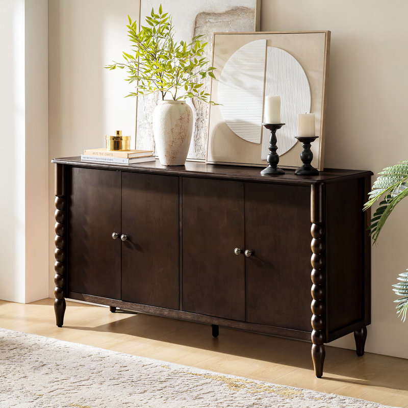 Buffet 4 portes Alex avec tablettes réglables et pieds en bois massif Alex, Noir