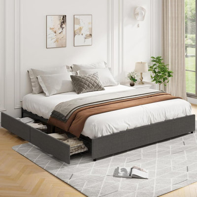 King/Queen/Full Size Bed Frame with 4 Storage Drawers, Platform Bed Frame with Mattress Foundation