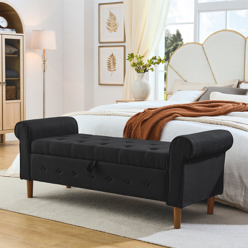 Tufted Button Storage Bench, Fabric Upholstered Ottoman, Window Bench, Rolled Arm Design