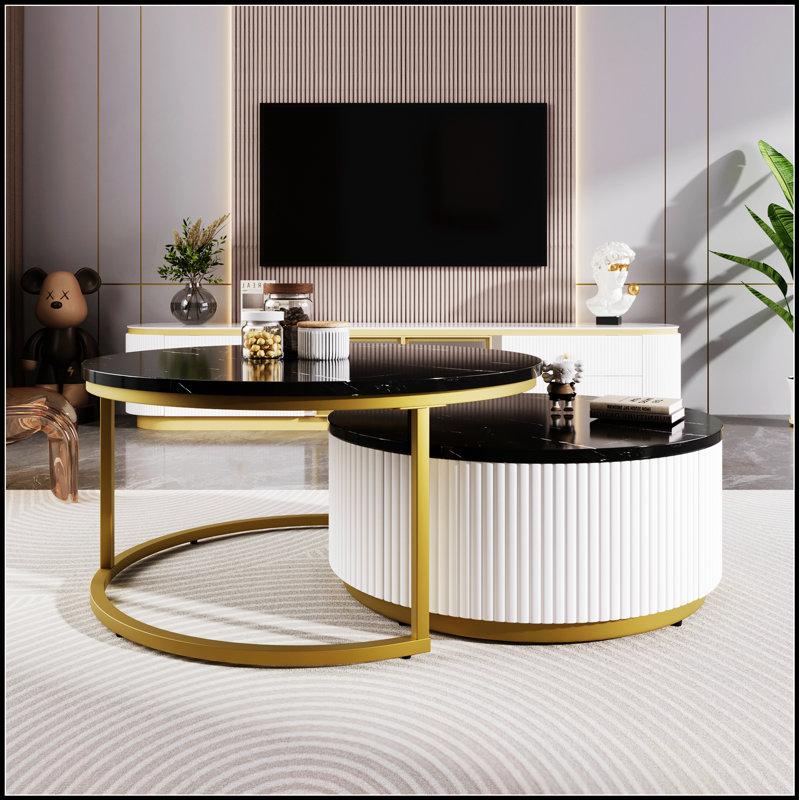 Table basse gigogne ronde moderne avec motif cannelé et tiroir, noir et or, 27,6 po