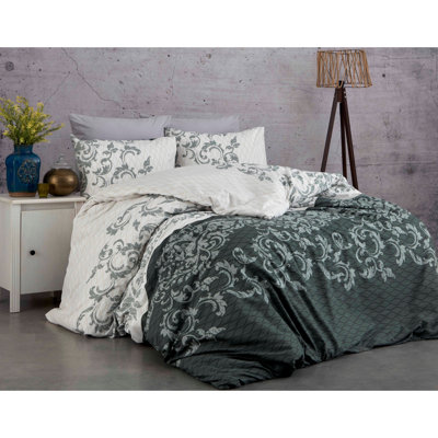 Ensemble de housse de couette de luxe 100% coton Ranforce, gris et blanc, taille simple (environ 61 x 79) | Housse de couette et enveloppe à fermeture à boutons 140 fils, lavable à la machine (1 pièce) | Literie douce, durable et élégante