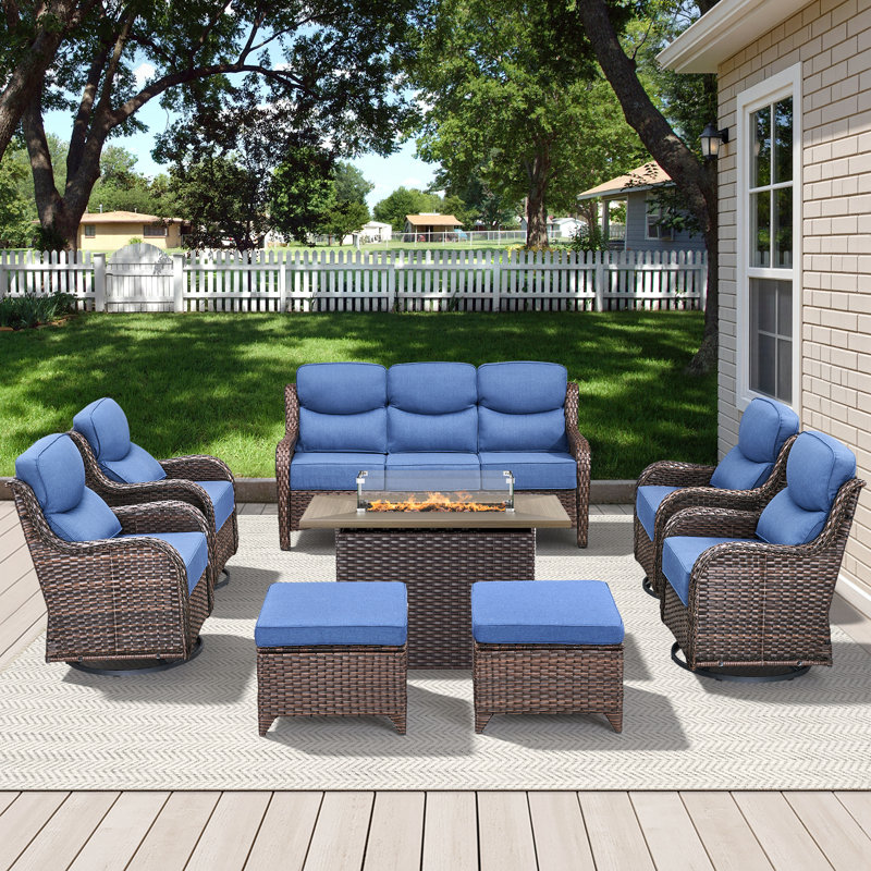 7-9 Person Outdoor Wicker Family Party Conversation Set With Swivel Rockers And Fire Pit, Blue, Brown