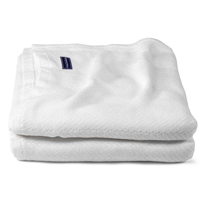 Full White Cotton Woven Blanket with Herringbone Pattern