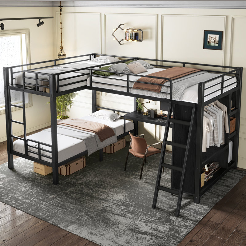 Lit superposé simple au-dessus de simple TG avec lit mezzanine double attaché, lit superposé triple en L avec bureau et garde-robe, aucun sommier nécessaire, noir