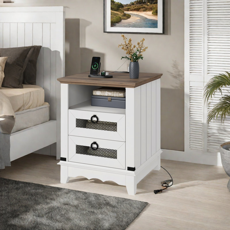 Table de bout, table d'appoint carrée en bois avec station de charge et 2 tiroirs