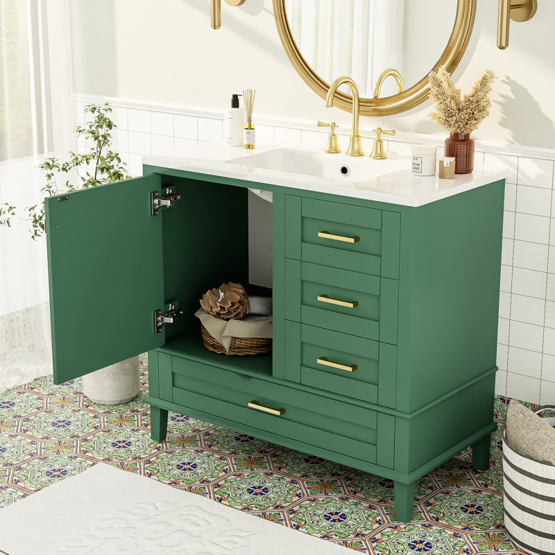 Rangement de salle de bain moderne 36 po, structure en pin massif, 3 tiroirs, lavabo en céramique, meuble-lavabo couleur, bois +, 1 porte, utilisation pratique