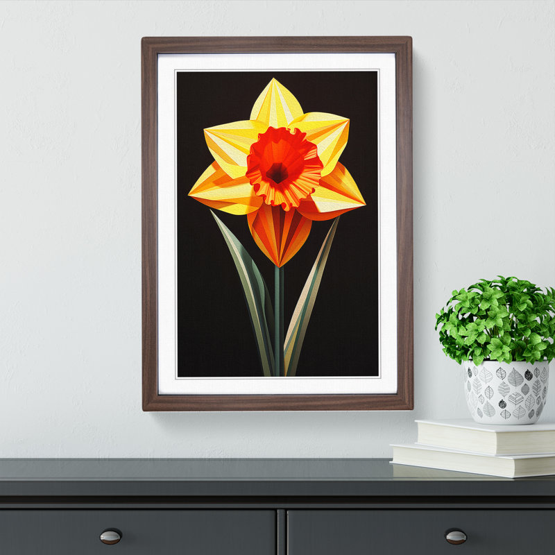 Daffodil Flower Geometric - Single Picture Frame Print on Wood, Walnut Framed, 46cm H x 34cm W