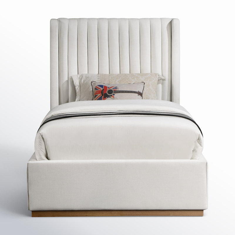 Lit à panneaux tapissier Chamblis, Tissu texturé en lin crème, Simple