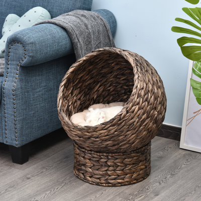 Lit pour chat à capuchon Kitty Ball, lit pour chat surélevé tissé à la main, fauteuil à œufs en osier avec support