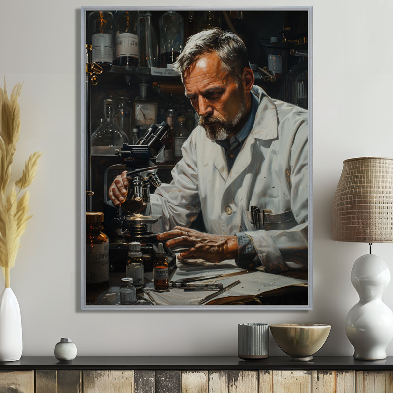 «White», noir et blanc, laboratoire scientifique microscopique, art mural, Encadrement argenté, H 34 po x l 44 po