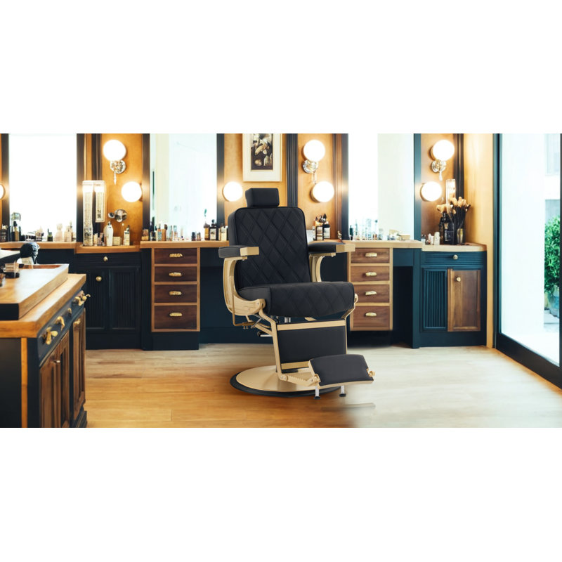 26.7" Wide Vegan Leather Heavy Duty Metal Manual Ergonomic Recliner Barber Chair, Black/Gold Faux Leather