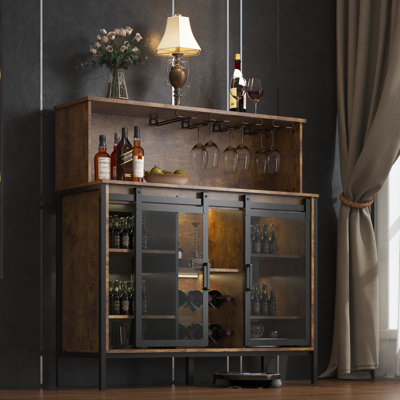 Hippeastrum 41.5" Coffee Bar Wine Cabinet With LED Lights, Kitchen Storage Buffet Cabinet With Sliding Barn Door And Glass Rack by 17 Stories
