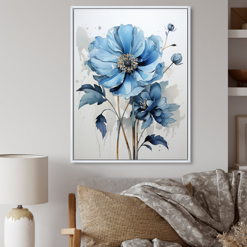 «Blue Minimalisme Daisy Flower I», reproduction d'art sur toile florale, H 44 po x l 34 po x P 1,5 po, Cadre flottant blanc