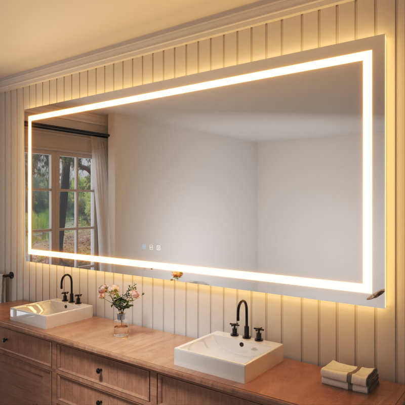 Miroir de salle de bain sans cadre à lumière DEL antibuée avec rétroéclairage et sans cadre, 48 po x 110 po