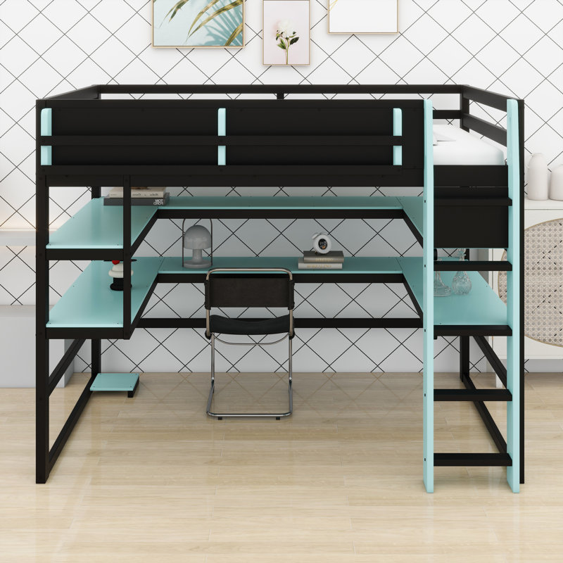 Structure de lit contemporaine de grande hauteur avec zone d'étude combinée, support latéral, tablettes de rangement polyvalentes et effets DEL programmables