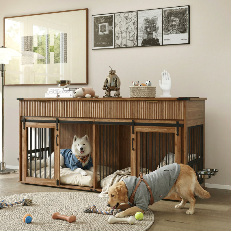 Meuble double avec 3 tiroirs cannelés et plateau de table imperméable, grand chenil pour chien avec prise de courant et mangeoires rotatives pour chiens robustes